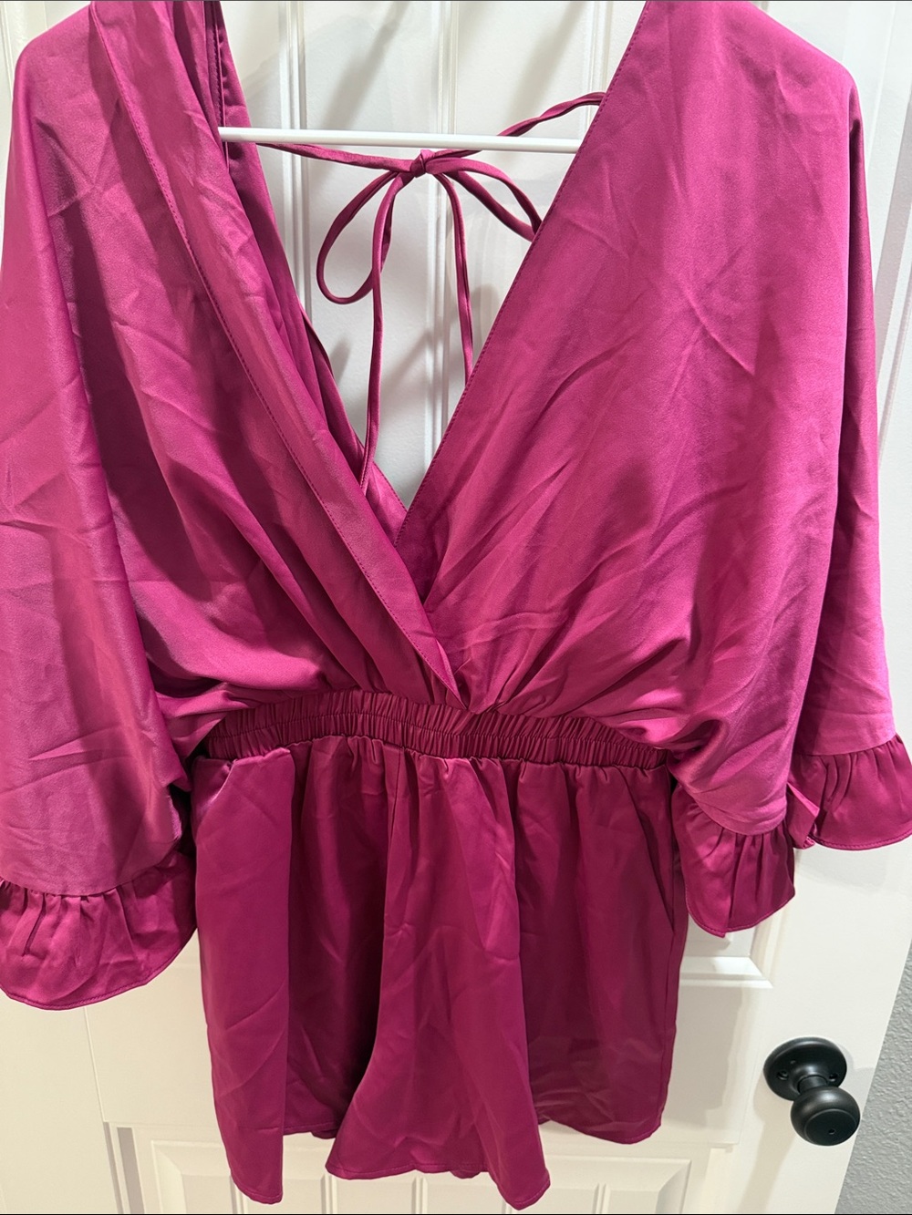 Women's Fuchsia Satin Wrap Romper - Elegant Deep Pink